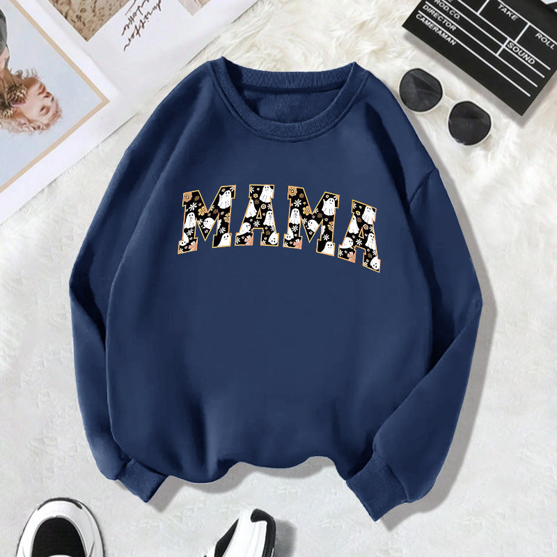 Rear collar with fleece sweatshirt round neck MAMA letter print