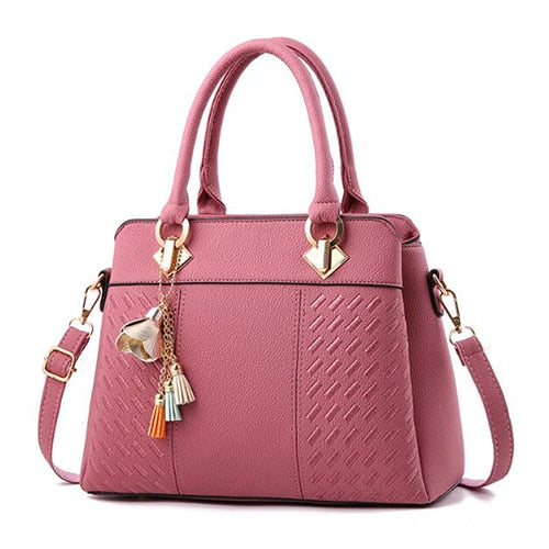 Embroidered Tassel PU Tote Bag