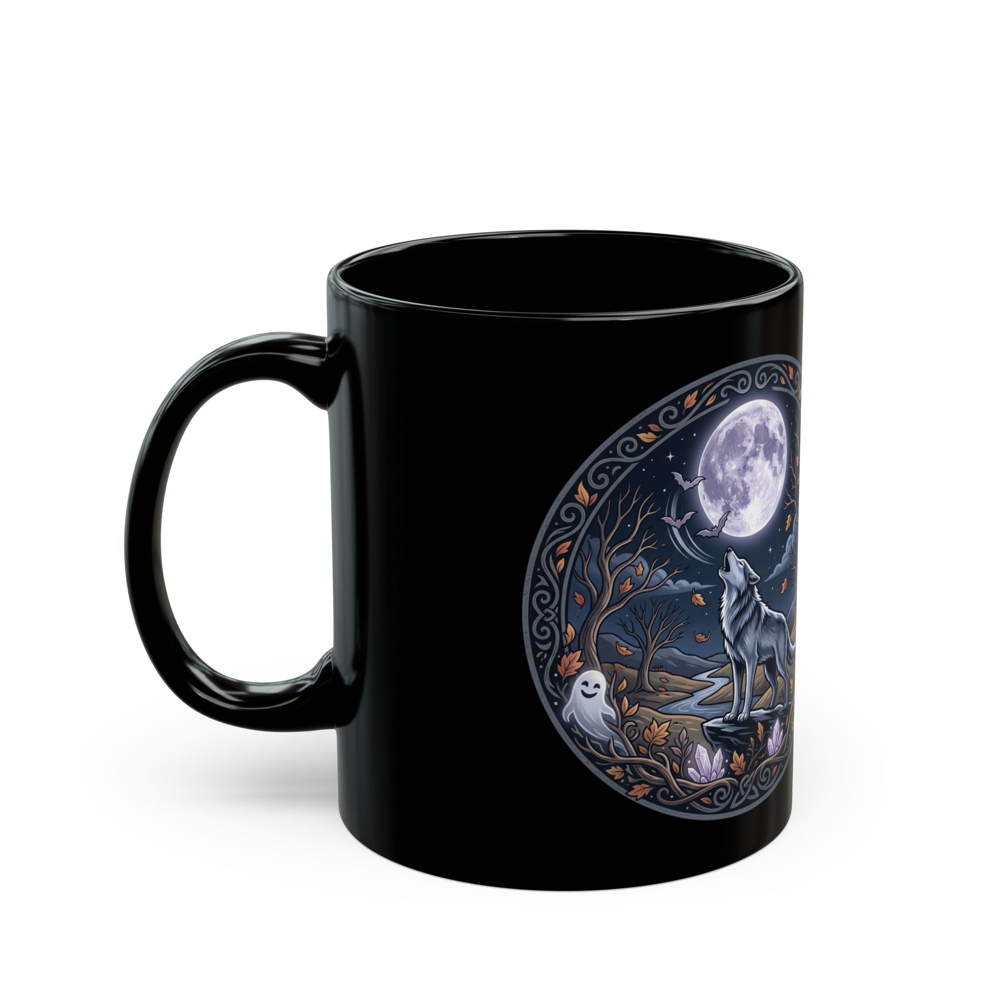 Wolf Howl Moon Black Ceramic Mug — Mystical Night Owl & Forest Design (11oz/15oz)