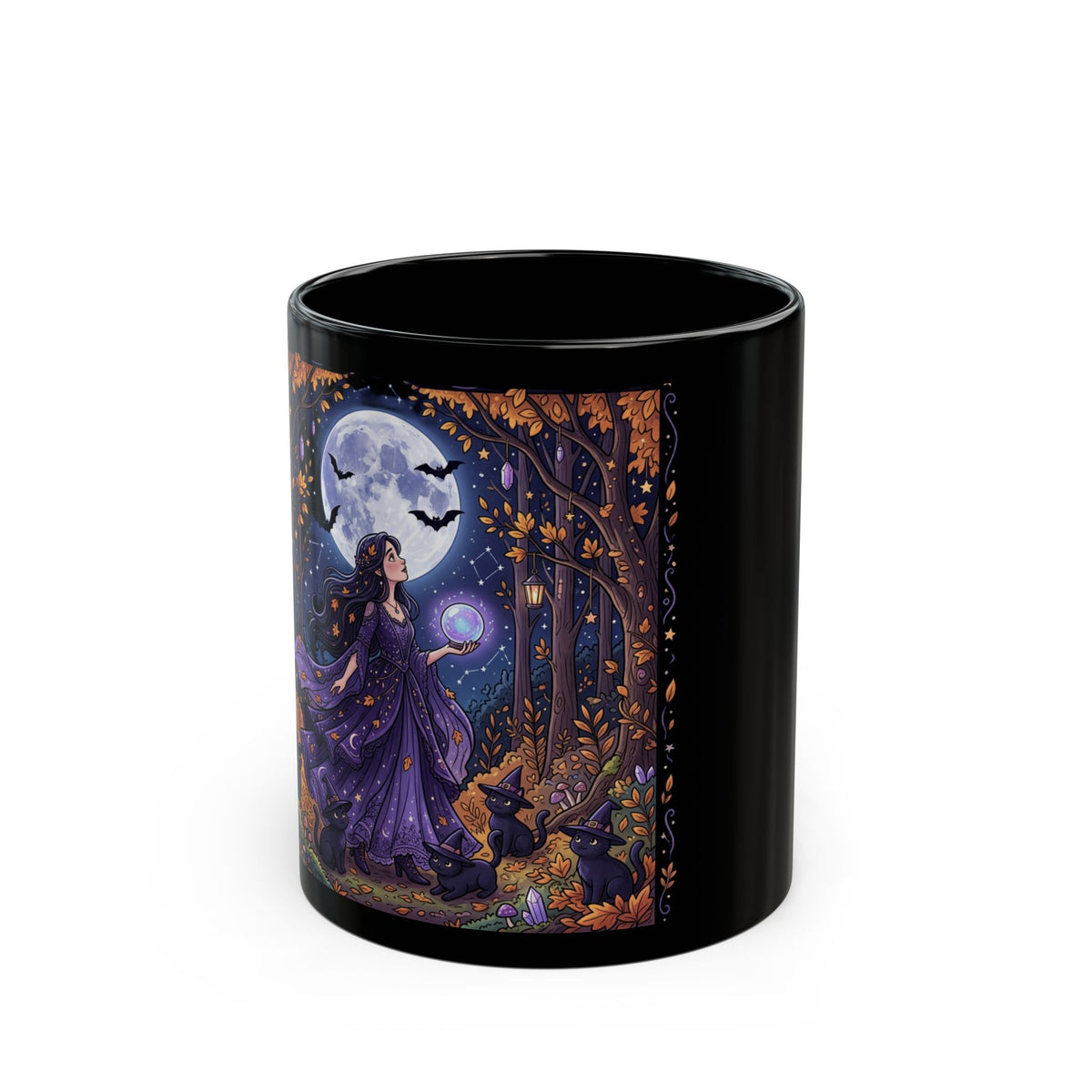 Witchy Moonlight Black Mug — Beautiful Witch Crystal Ball Full Moon Gothic Coffee Cup