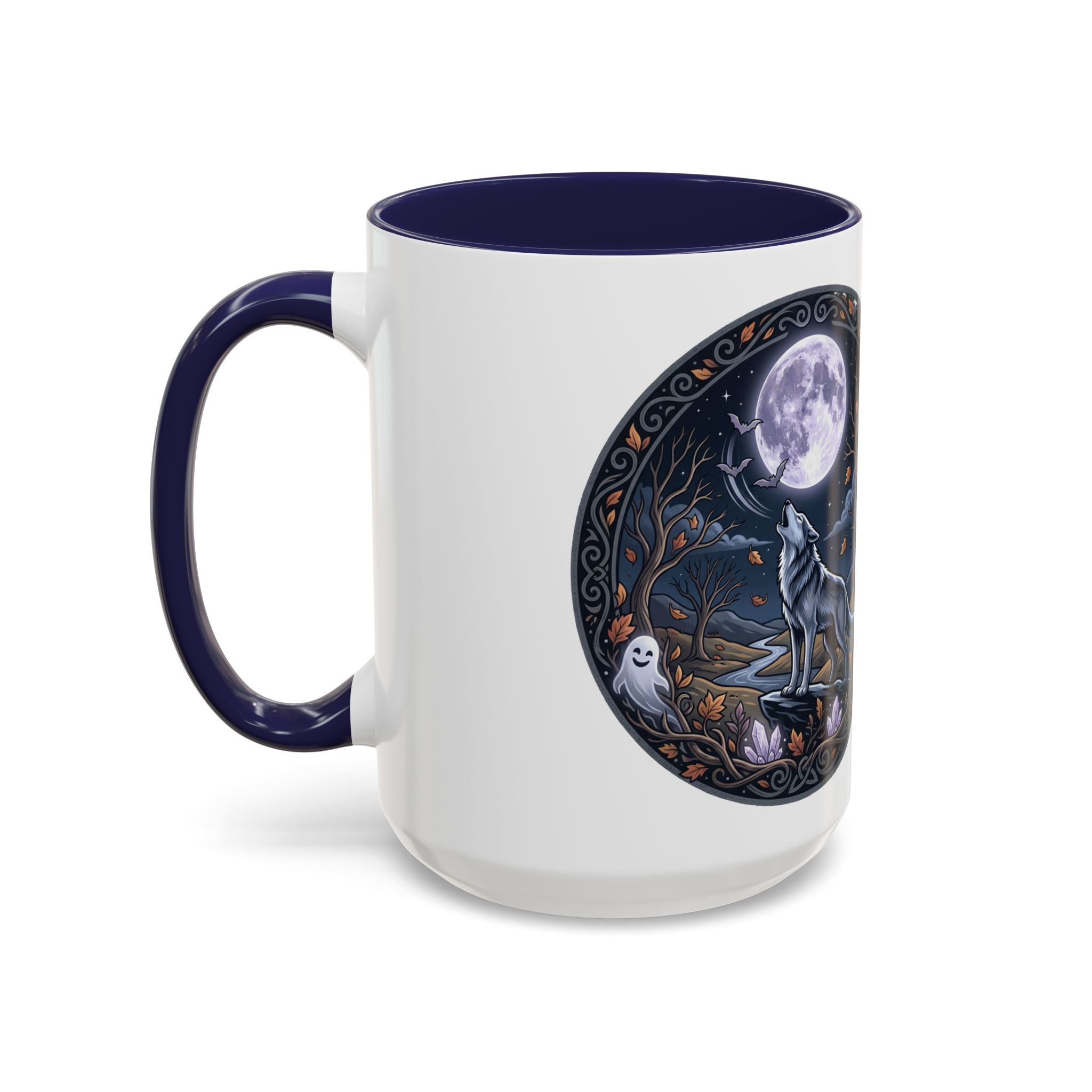 Wolf Moon Accent Coffee Mug — Gothic Night Forest Design with Ghost
