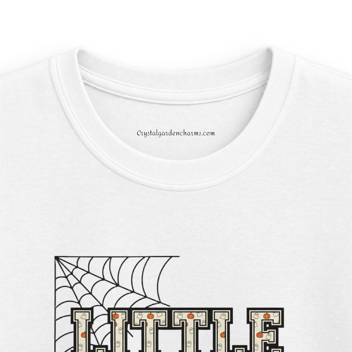 Little Sis Kids Halloween T-Shirt — Candy Corn Colors, Orange Bow & Spiderwebs Tee