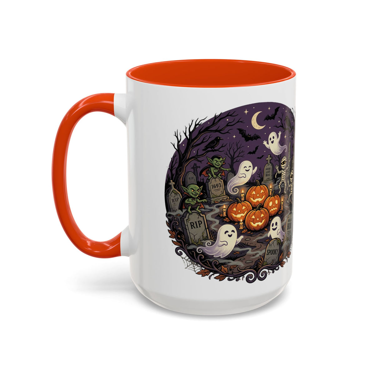 Halloween Graveyard Mug — Ghosts, Mummies, Goblins & Jack-O-Lanterns Spooky Night Scene