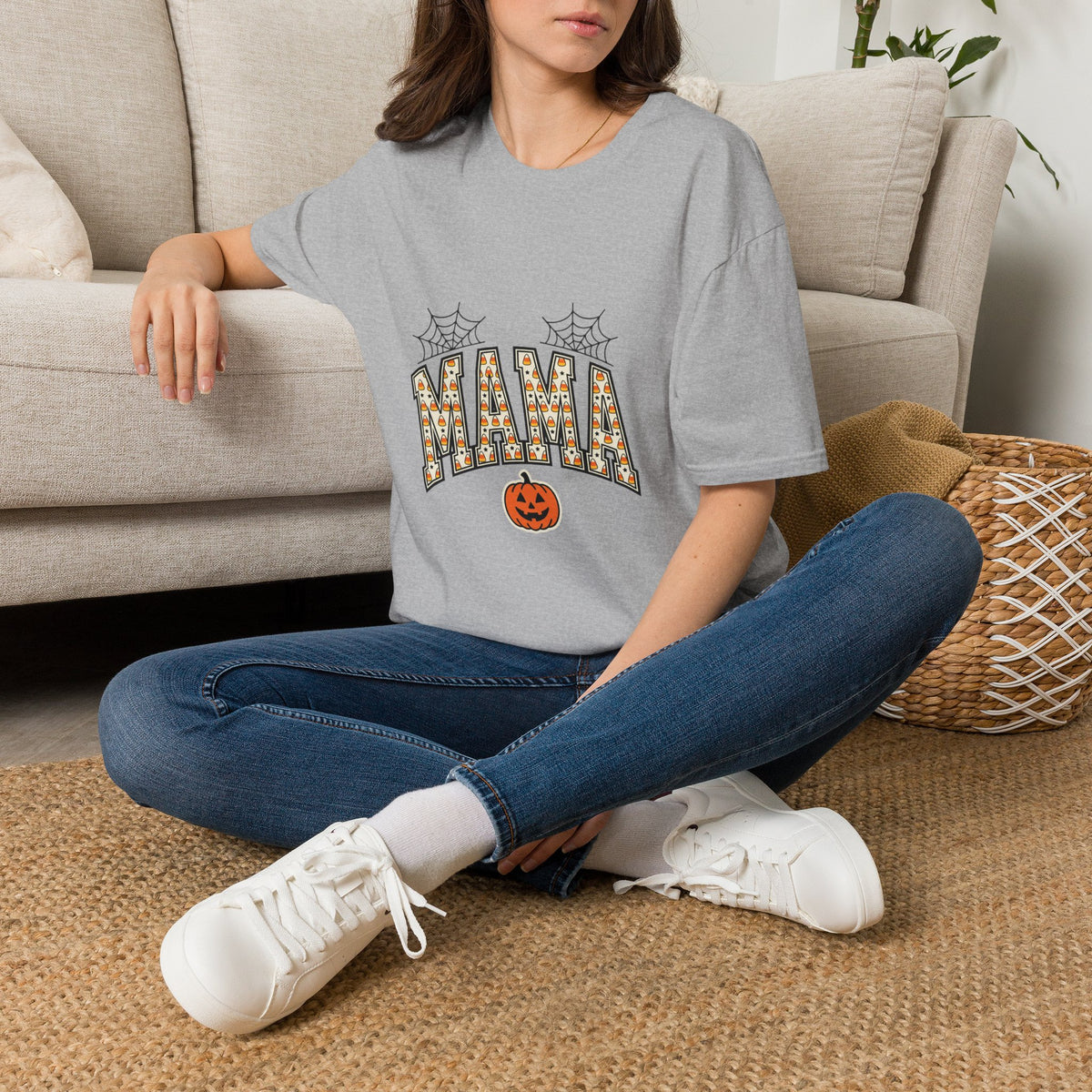 MAMA Halloween T-Shirt — Candy Corn Letters, Spiderwebs & Jack-O-Lantern Tee