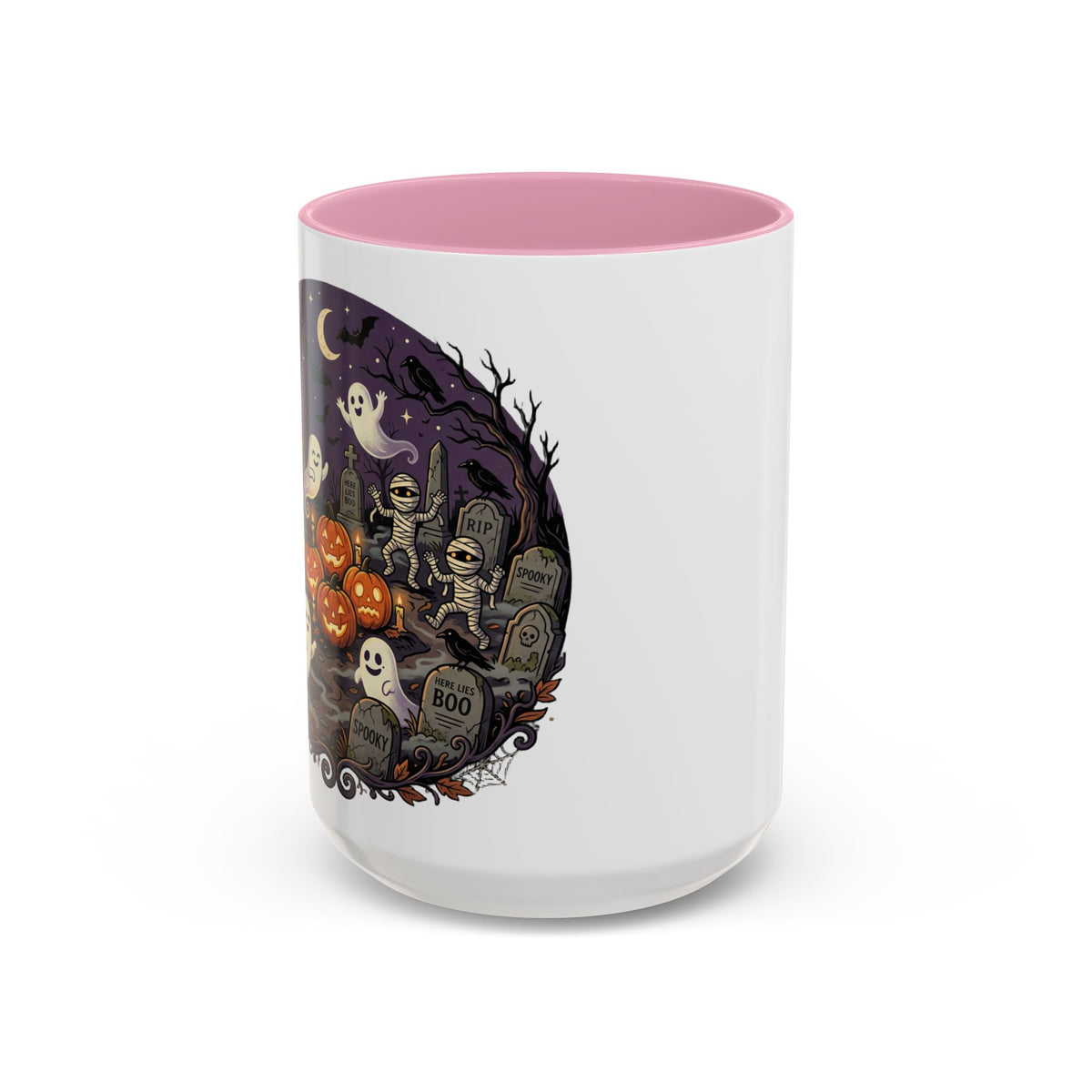 Halloween Graveyard Mug — Ghosts, Mummies, Goblins & Jack-O-Lanterns Spooky Night Scene