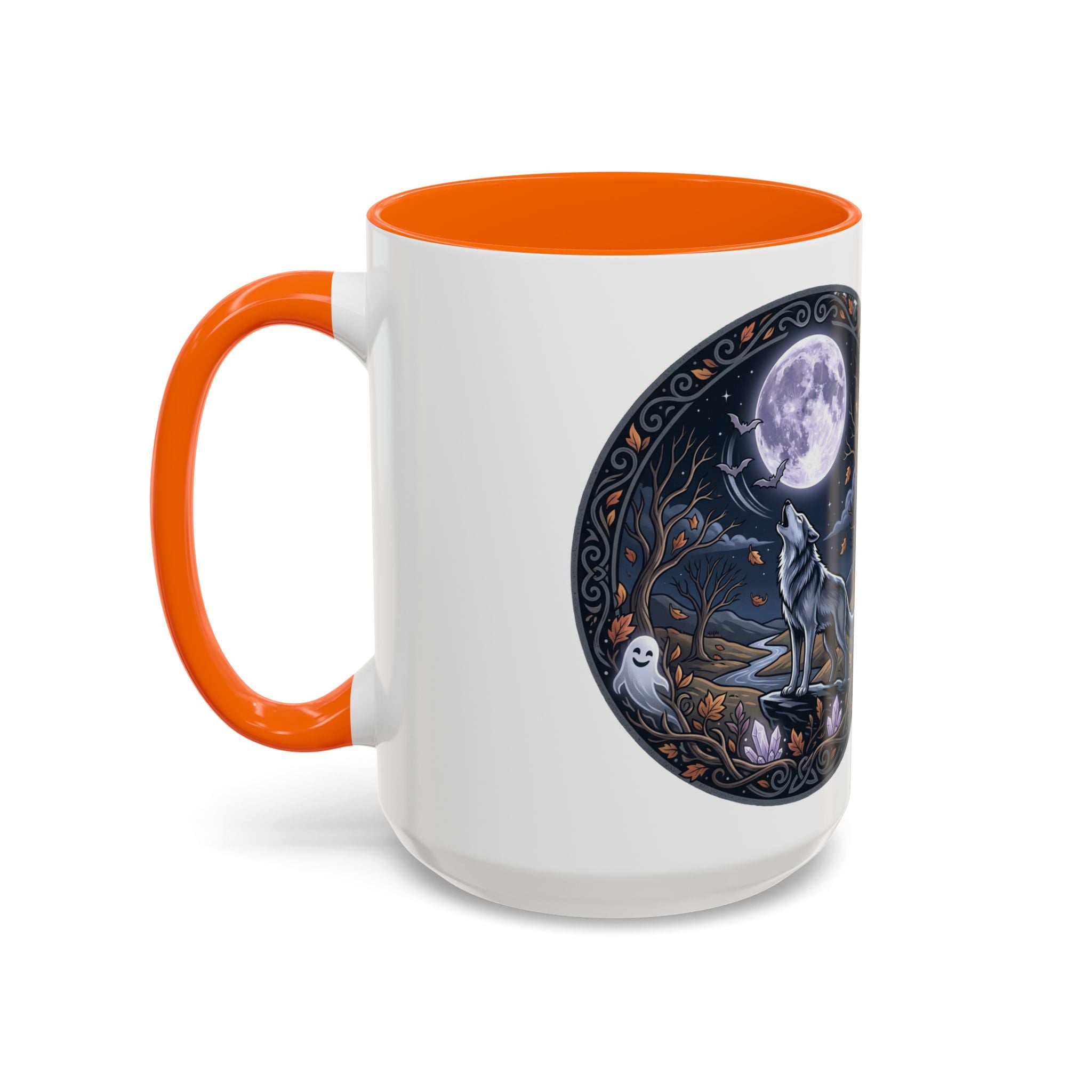 Wolf Moon Accent Coffee Mug — Gothic Night Forest Design with Ghost