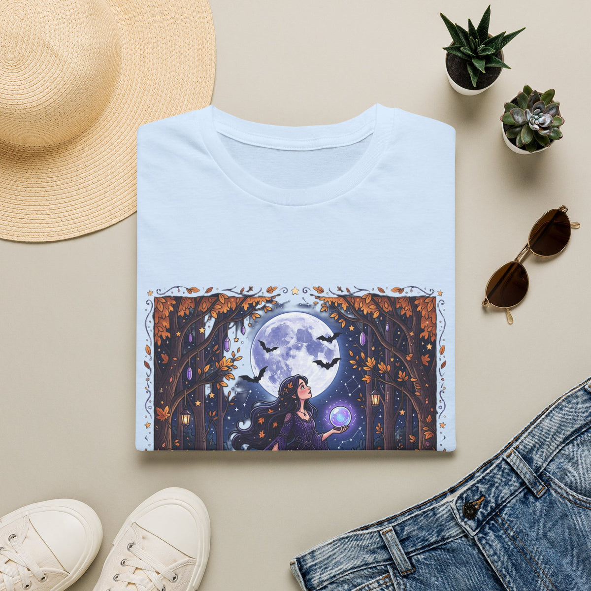 Moonlit Witch T-Shirt — Beautiful Witch Crystal Ball Full Moon Mystical Forest Graphic Tee