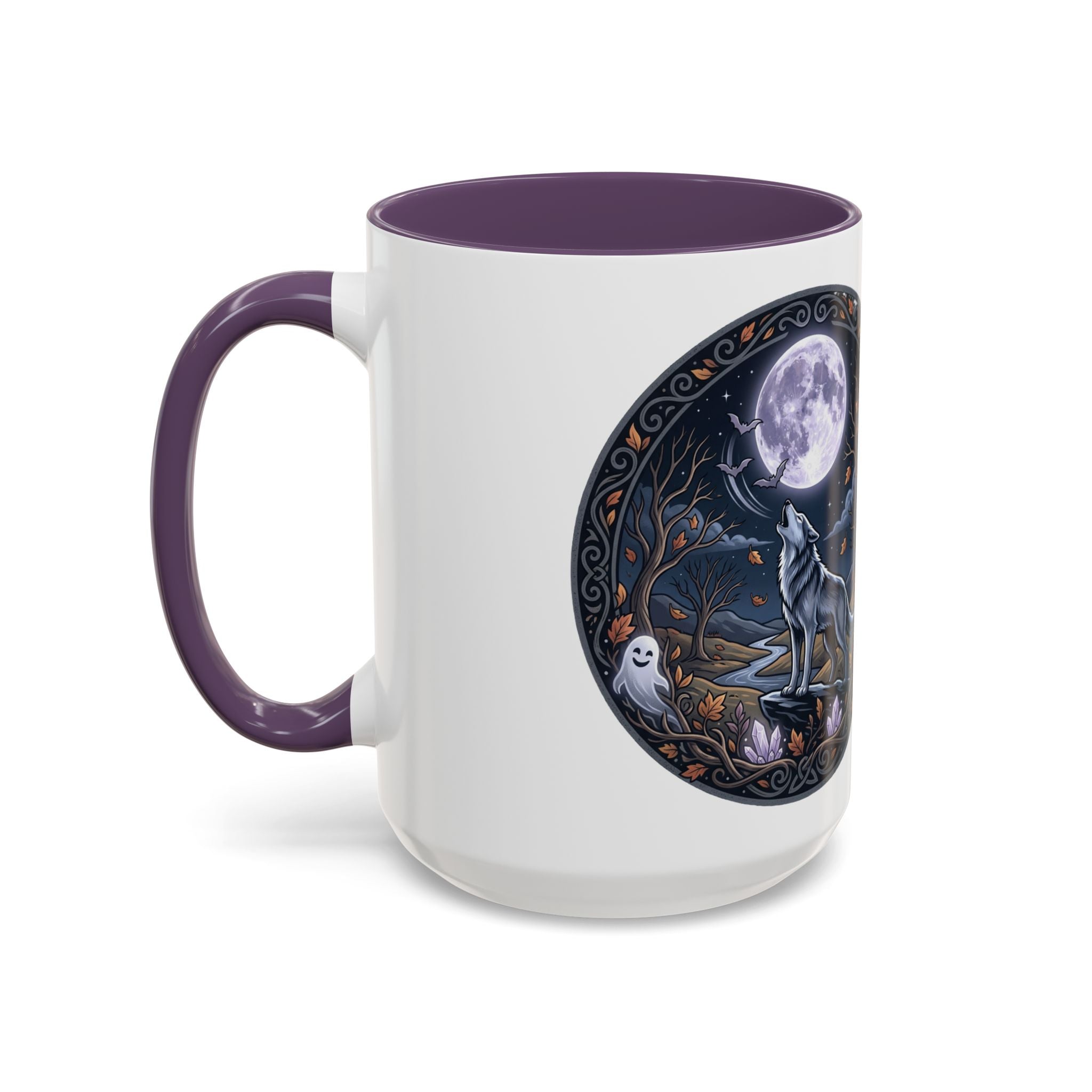 Wolf Moon Accent Coffee Mug — Gothic Night Forest Design with Ghost