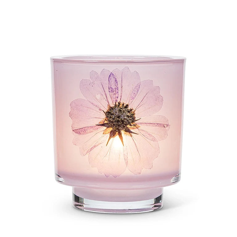 Frosted Glass Votive Candle Holder With Pressed Flowers Set of 4