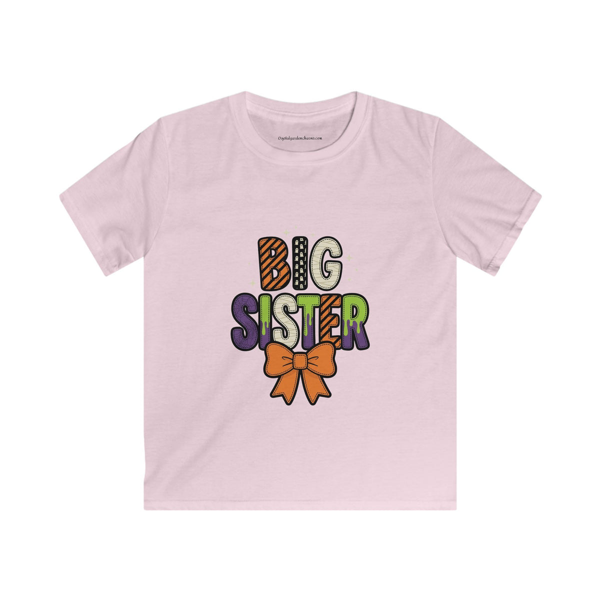 Big Sister Kids Halloween T-Shirt — Orange Bow & Spooky Colors Graphic Tee