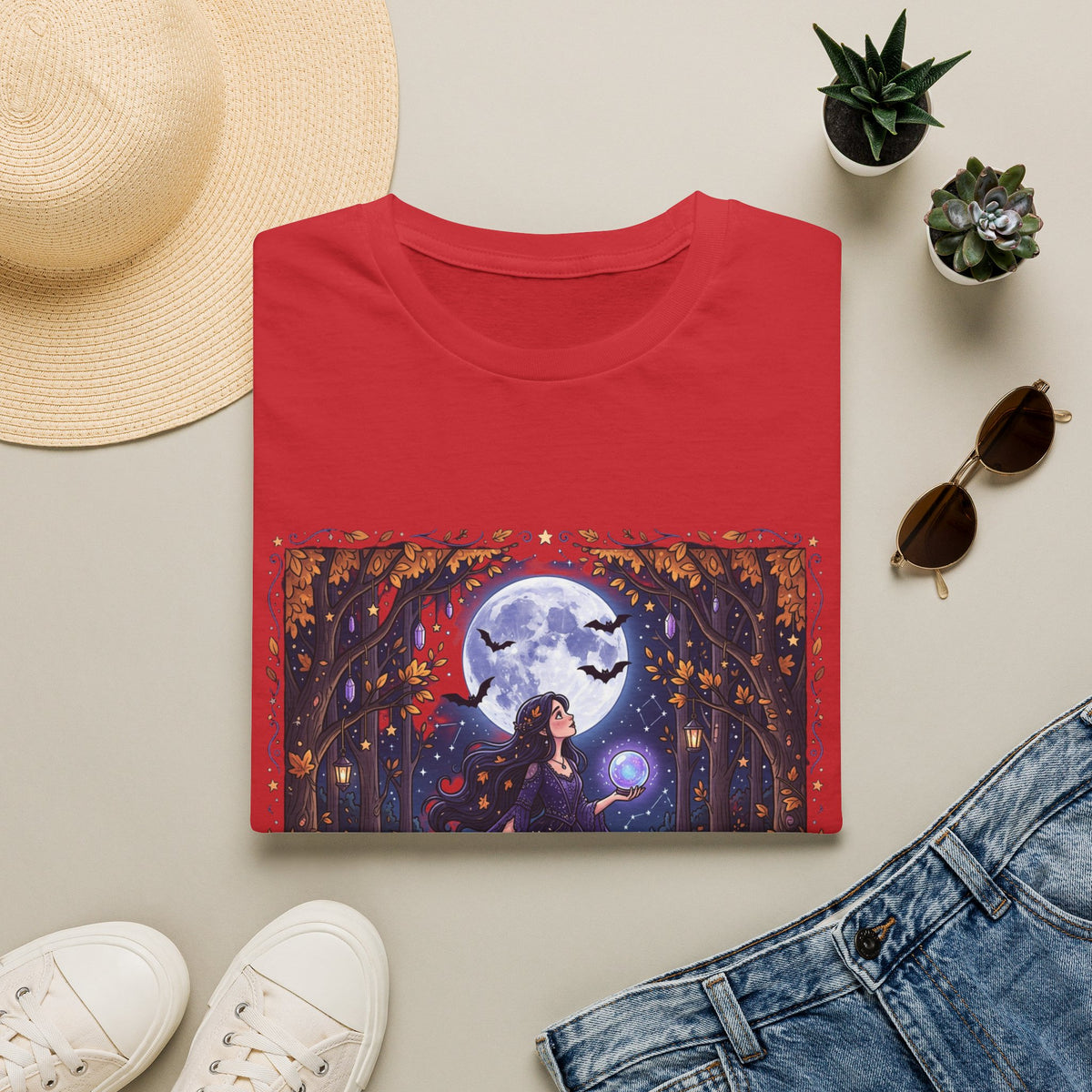 Moonlit Witch T-Shirt — Beautiful Witch Crystal Ball Full Moon Mystical Forest Graphic Tee