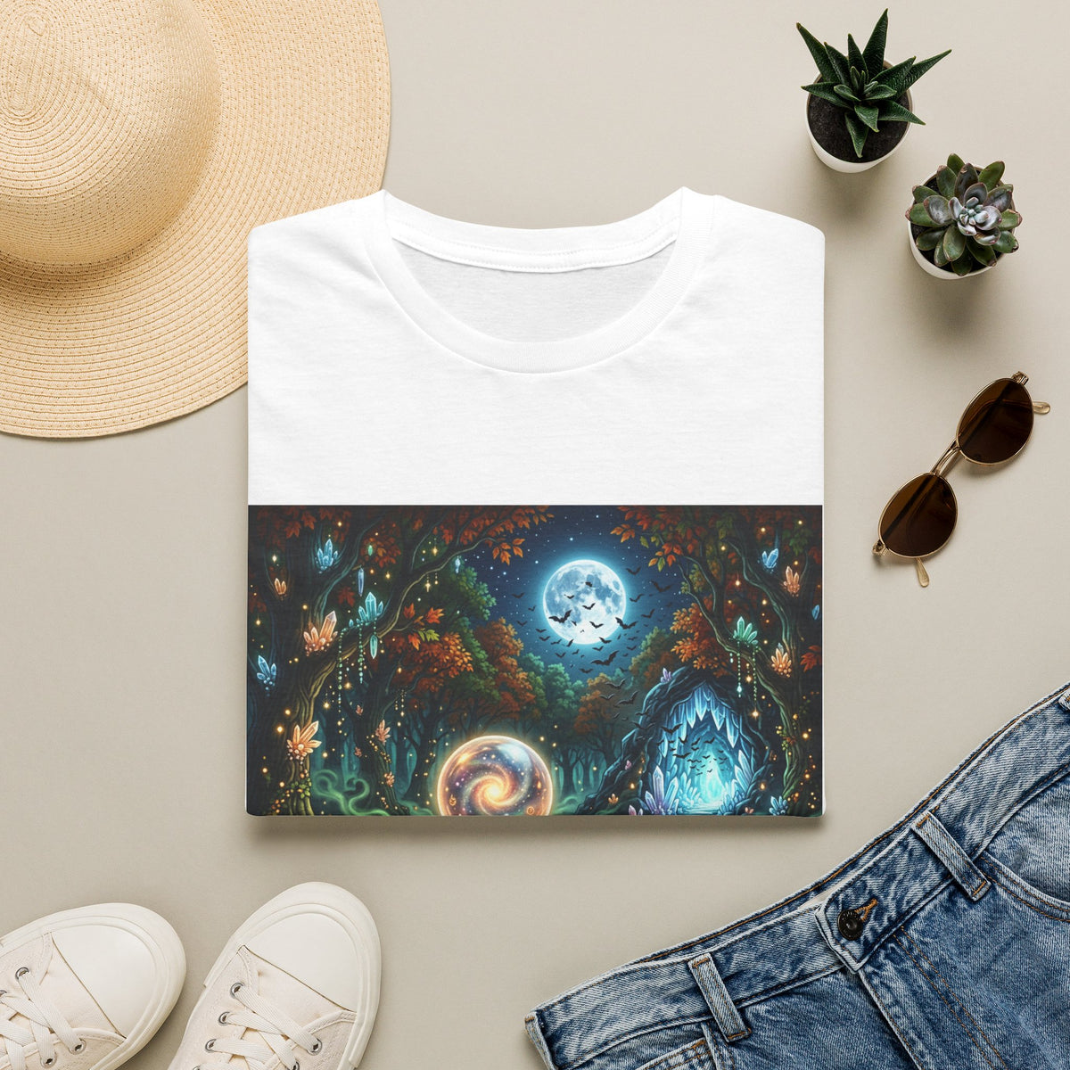 Mystic Moonlight Forest T-Shirt — Crystal Ball, Crystal Cave & Bats Full Moon Graphic Tee