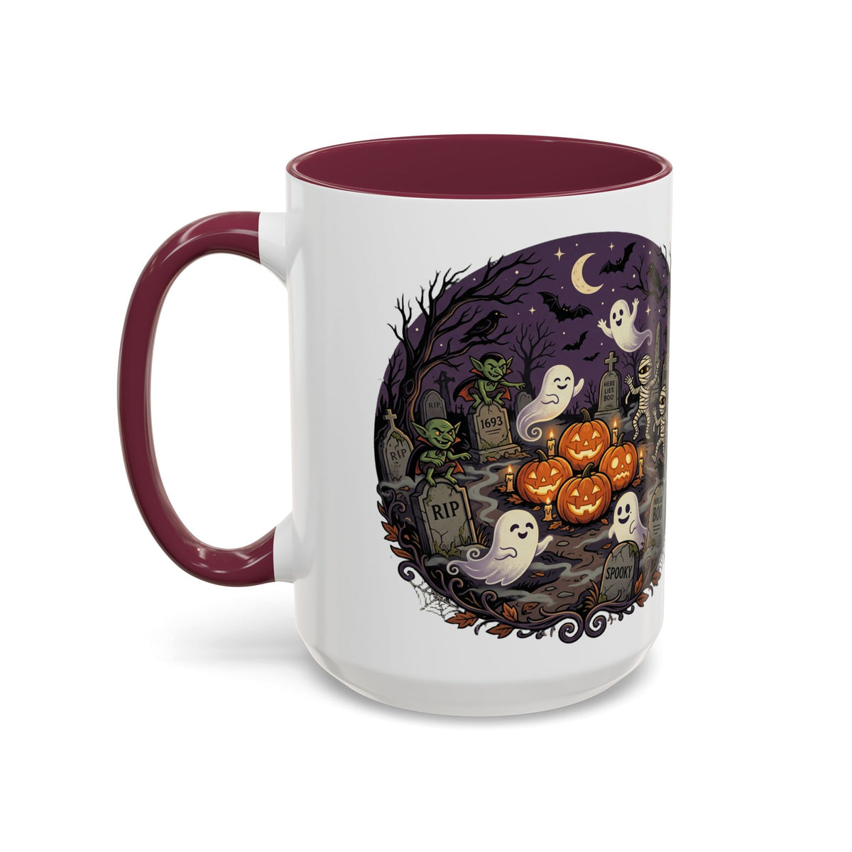Halloween Graveyard Mug — Ghosts, Mummies, Goblins & Jack-O-Lanterns Spooky Night Scene