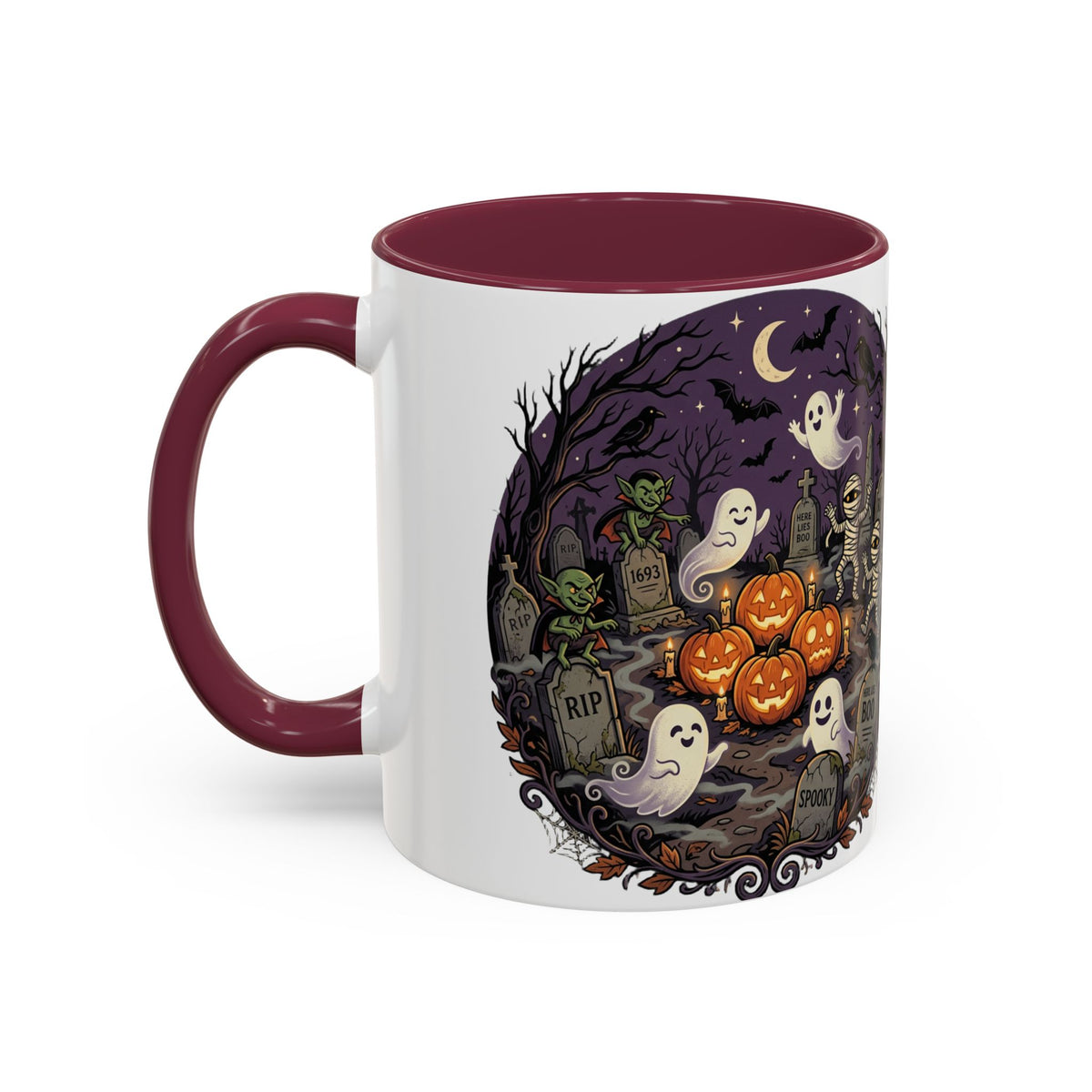 Halloween Graveyard Mug — Ghosts, Mummies, Goblins & Jack-O-Lanterns Spooky Night Scene