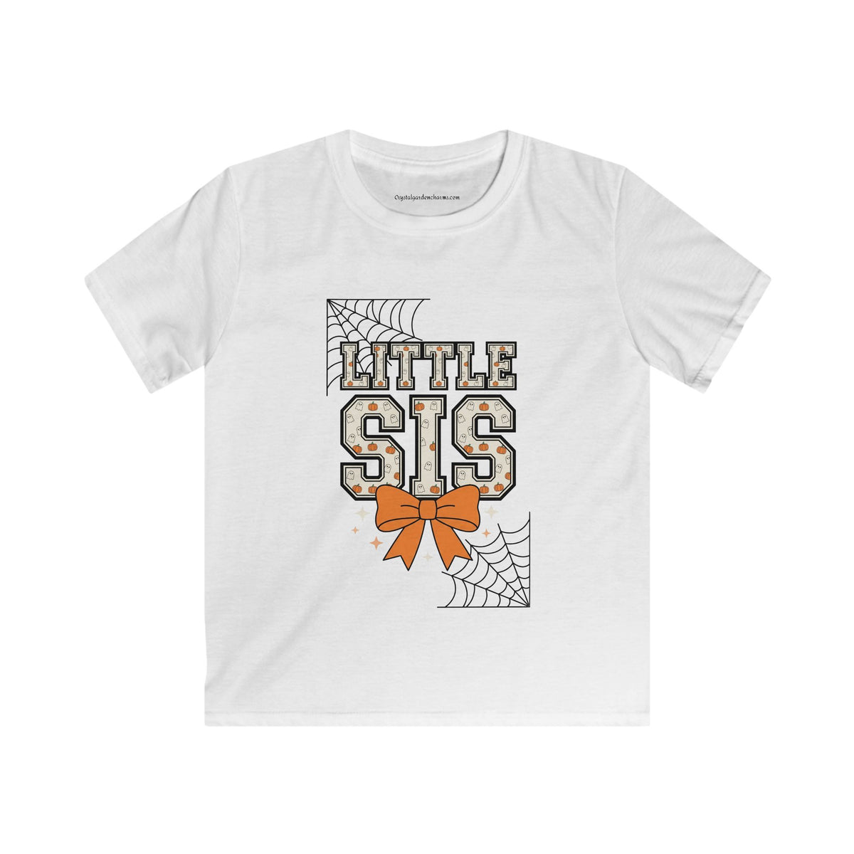 Little Sis Kids Halloween T-Shirt — Candy Corn Colors, Orange Bow & Spiderwebs Tee