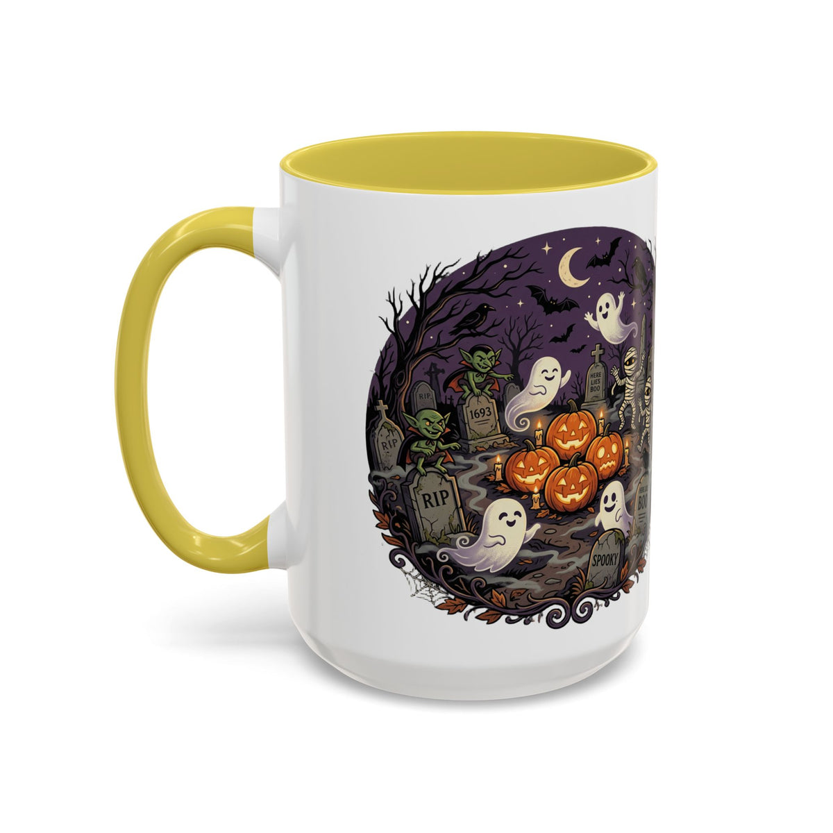 Halloween Graveyard Mug — Ghosts, Mummies, Goblins & Jack-O-Lanterns Spooky Night Scene