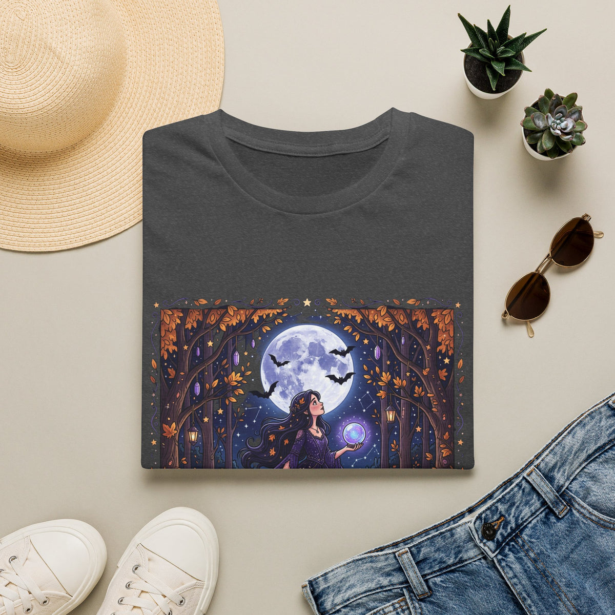 Moonlit Witch T-Shirt — Beautiful Witch Crystal Ball Full Moon Mystical Forest Graphic Tee