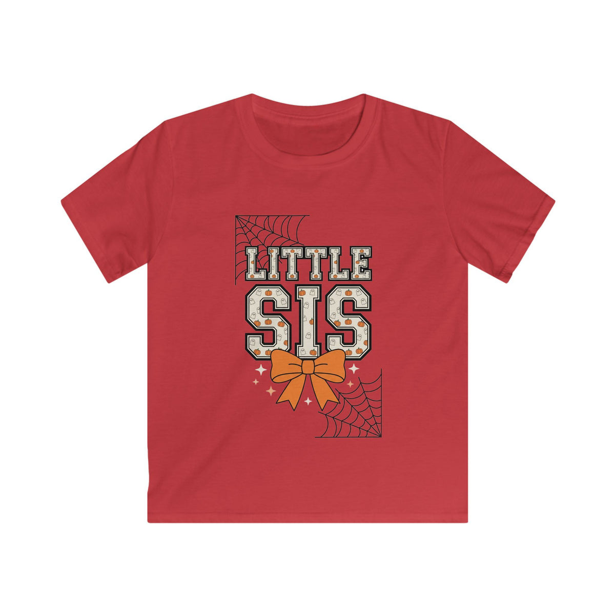 Little Sis Kids Halloween T-Shirt — Candy Corn Colors, Orange Bow & Spiderwebs Tee