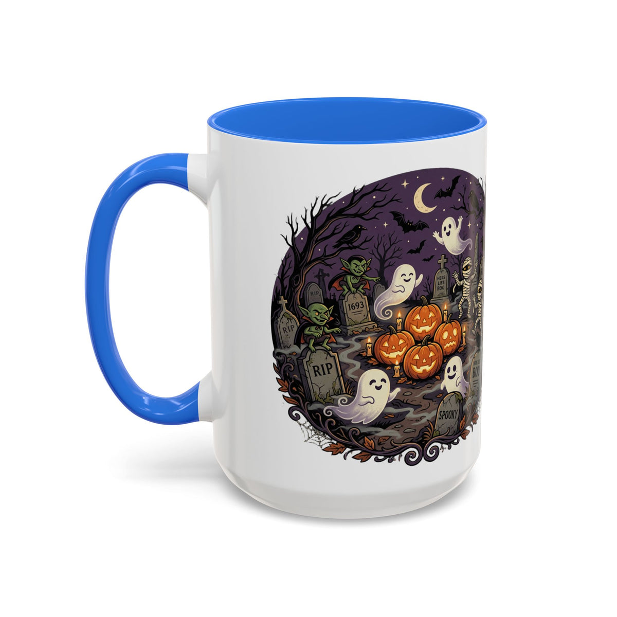 Halloween Graveyard Mug — Ghosts, Mummies, Goblins & Jack-O-Lanterns Spooky Night Scene