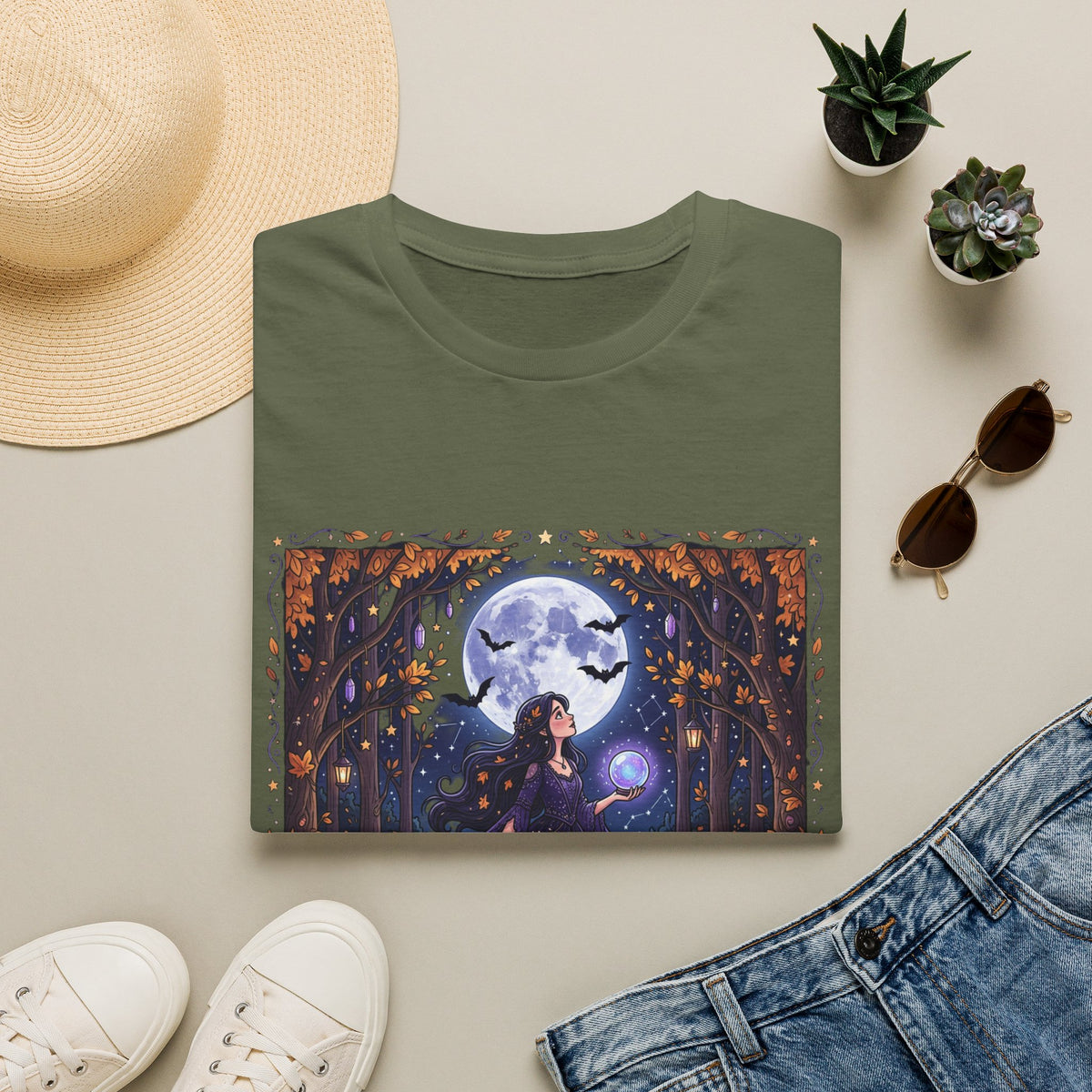 Moonlit Witch T-Shirt — Beautiful Witch Crystal Ball Full Moon Mystical Forest Graphic Tee