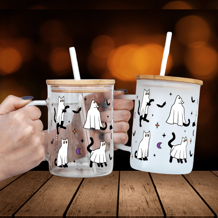 Halloween Ghost Kitty Glass Cup | 16 oz