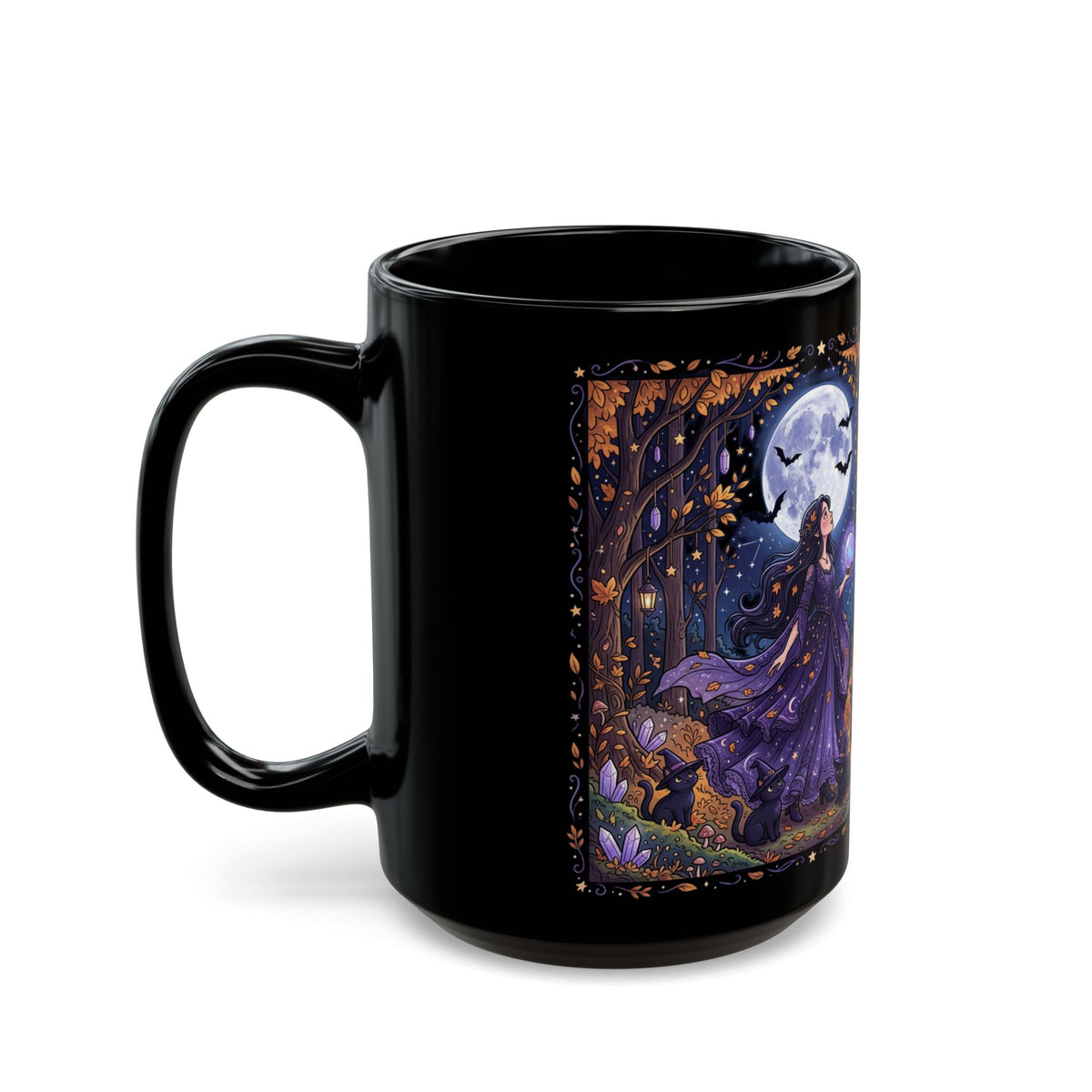 Witchy Moonlight Black Mug — Beautiful Witch Crystal Ball Full Moon Gothic Coffee Cup
