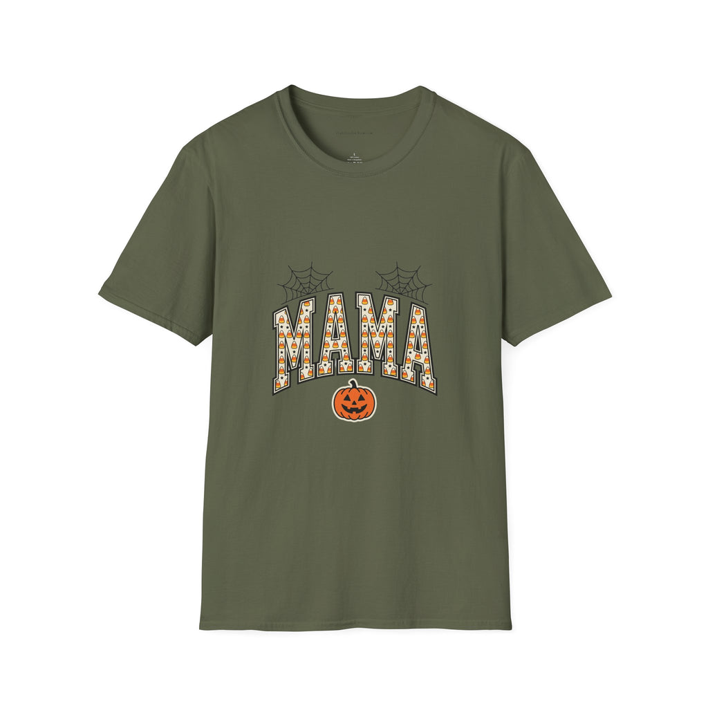 MAMA Halloween T-Shirt — Candy Corn Letters, Spiderwebs & Jack-O-Lantern Tee