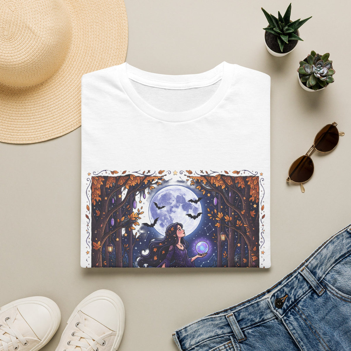 Moonlit Witch T-Shirt — Beautiful Witch Crystal Ball Full Moon Mystical Forest Graphic Tee