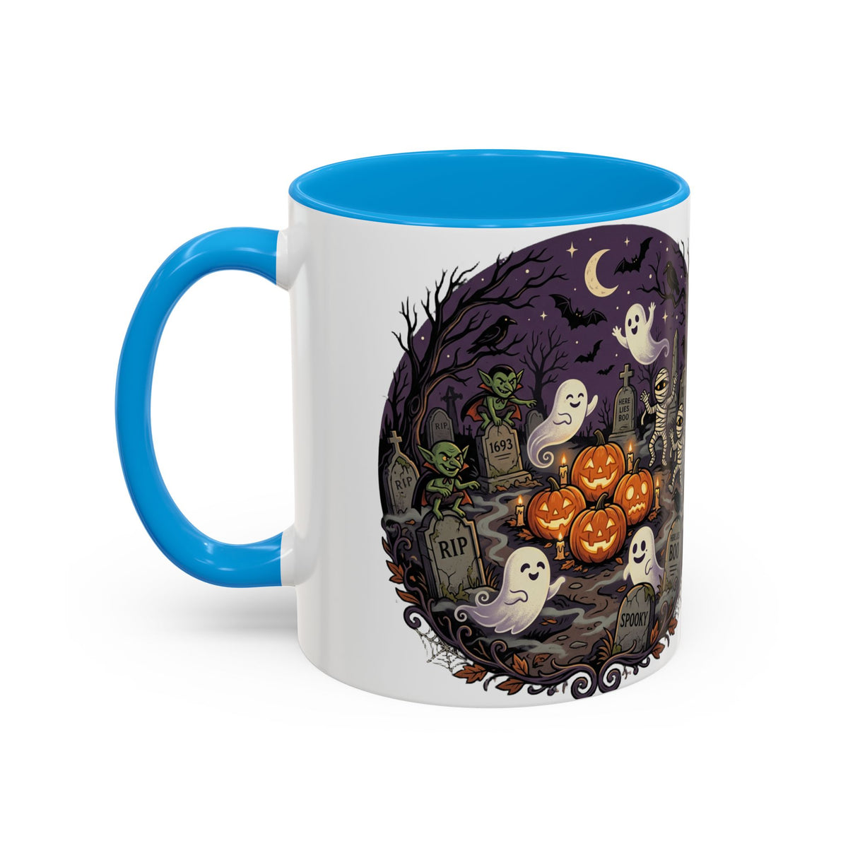 Halloween Graveyard Mug — Ghosts, Mummies, Goblins & Jack-O-Lanterns Spooky Night Scene