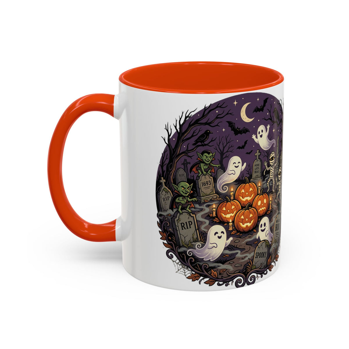 Halloween Graveyard Mug — Ghosts, Mummies, Goblins & Jack-O-Lanterns Spooky Night Scene