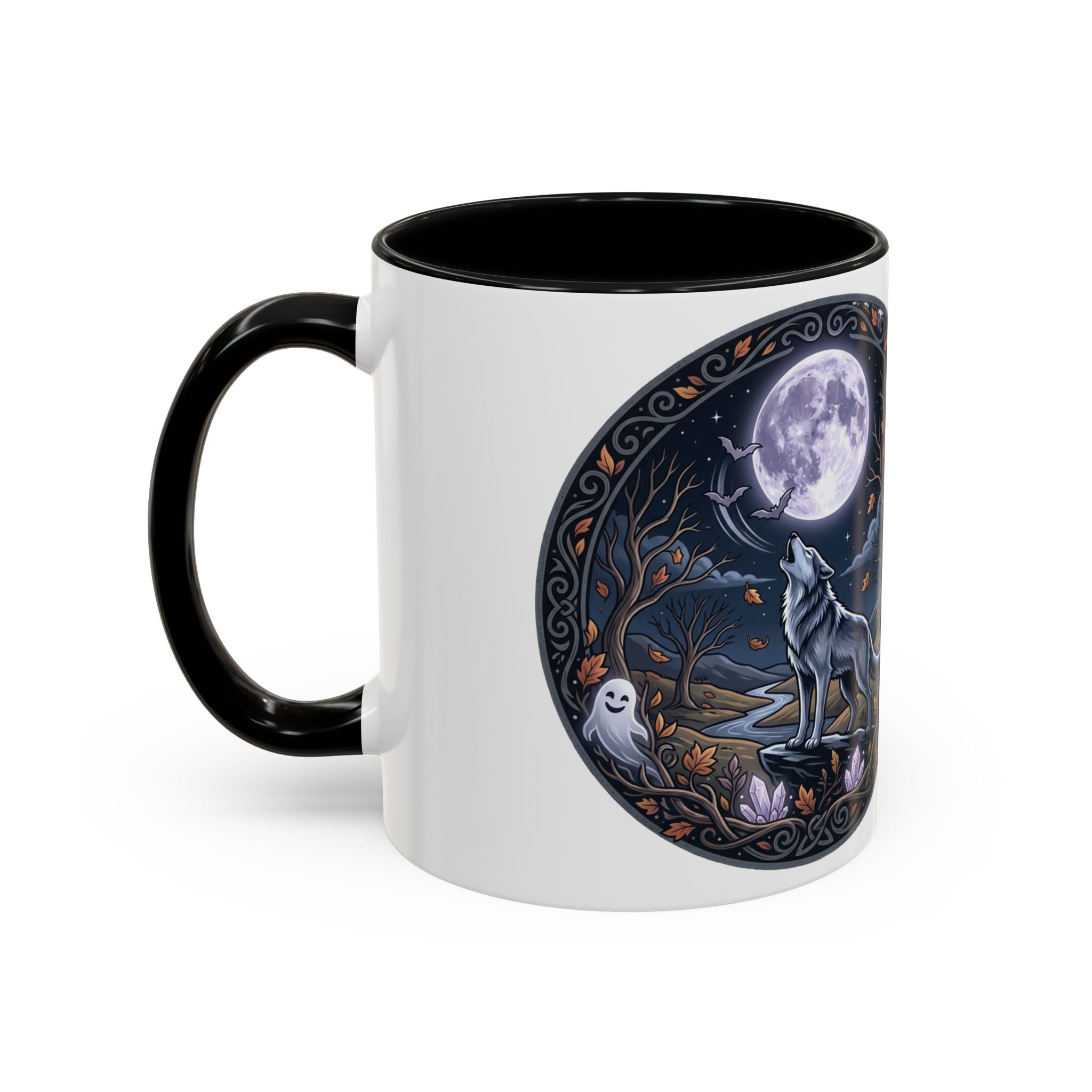 Wolf Moon Accent Coffee Mug — Gothic Night Forest Design with Ghost