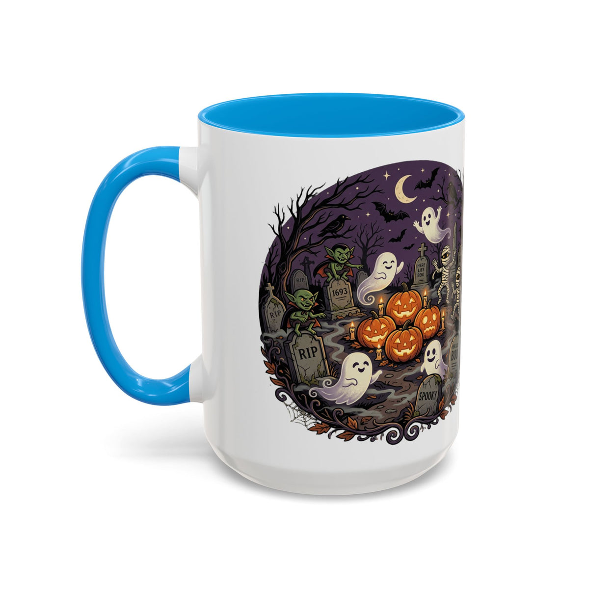 Halloween Graveyard Mug — Ghosts, Mummies, Goblins & Jack-O-Lanterns Spooky Night Scene