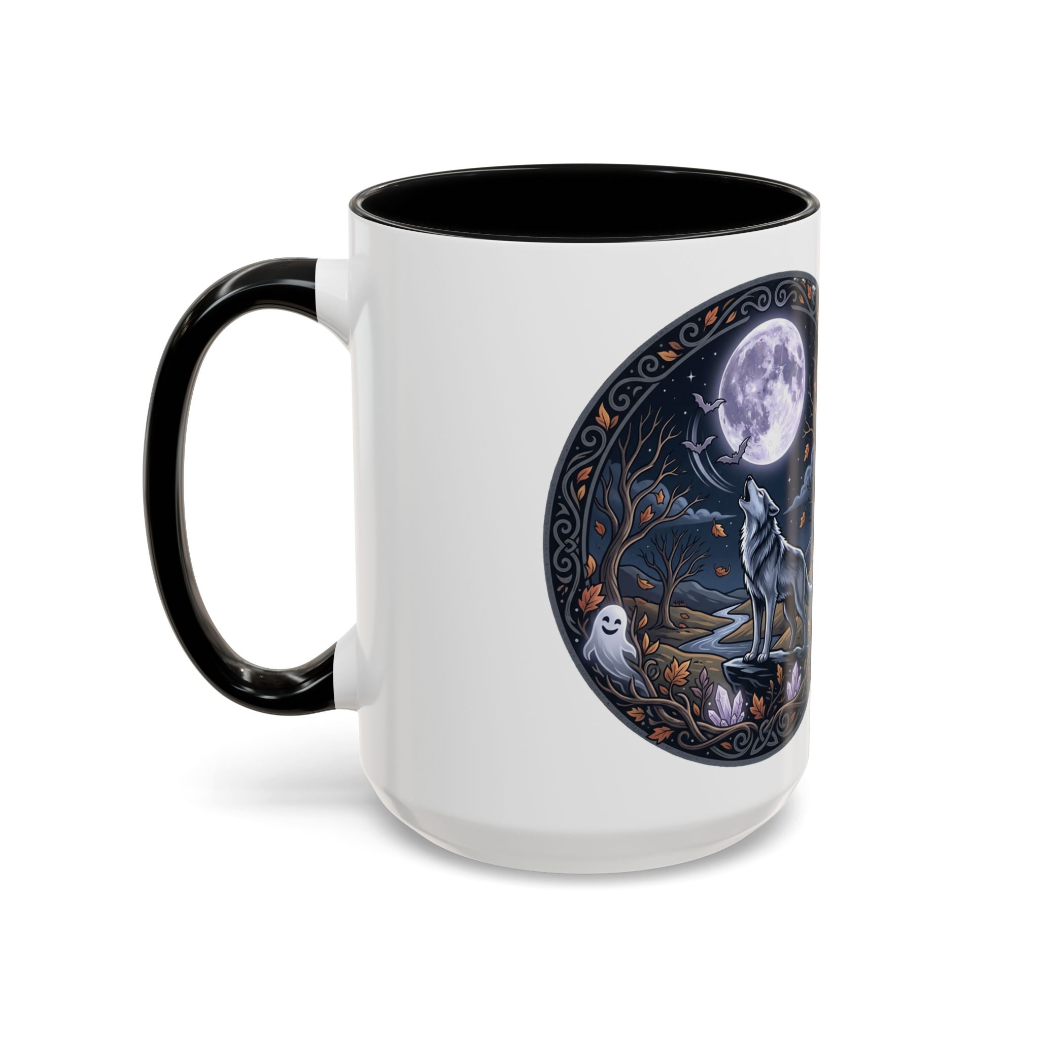 Wolf Moon Accent Coffee Mug — Gothic Night Forest Design with Ghost