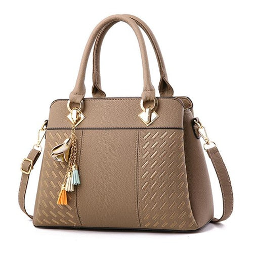 Embroidered Tassel PU Tote Bag