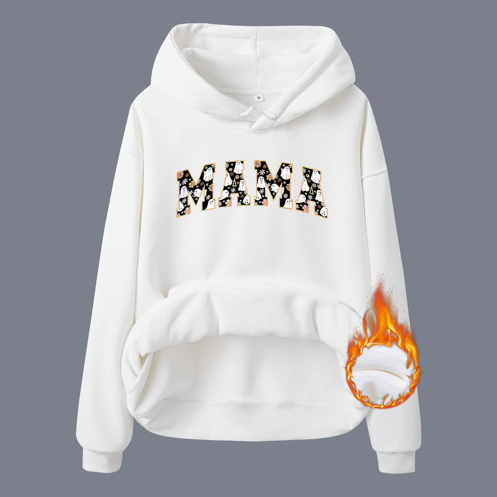 Pocket hooded long sleeved fleece sweatshirt top with MAMA print