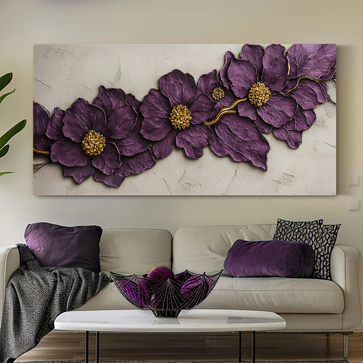 Purple Flower Plaster Wall Art | Textured Floral Canvas Print