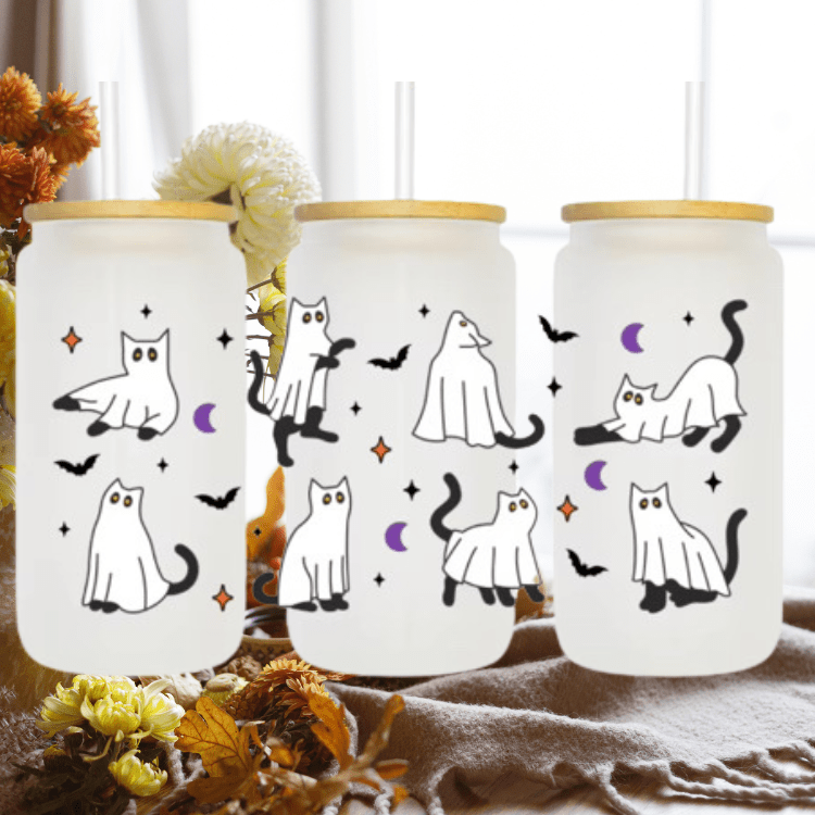 Halloween Ghost Kitty Glass Cup | 16 oz