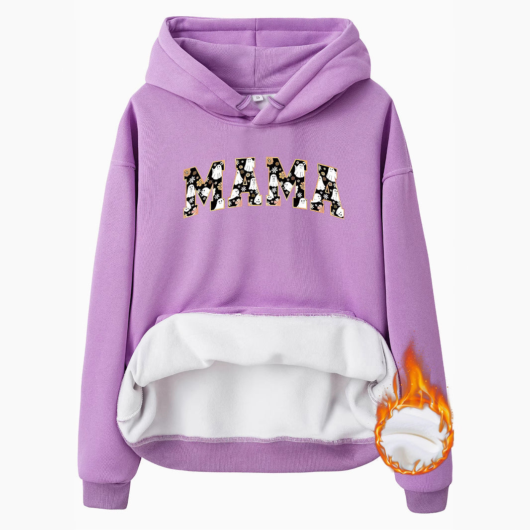 Pocket hooded long sleeved fleece sweatshirt top with MAMA print