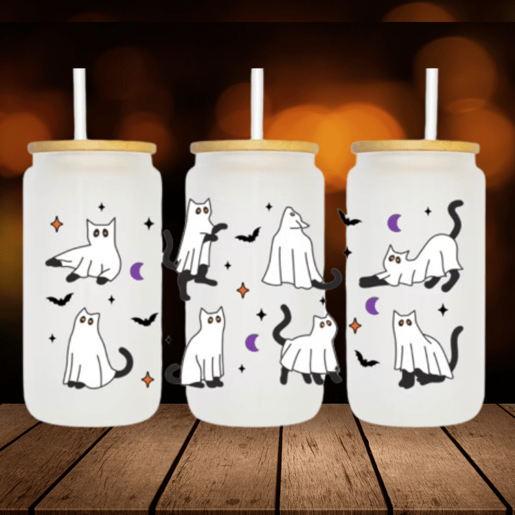 Halloween Ghost Kitty Glass Cup | 16 oz