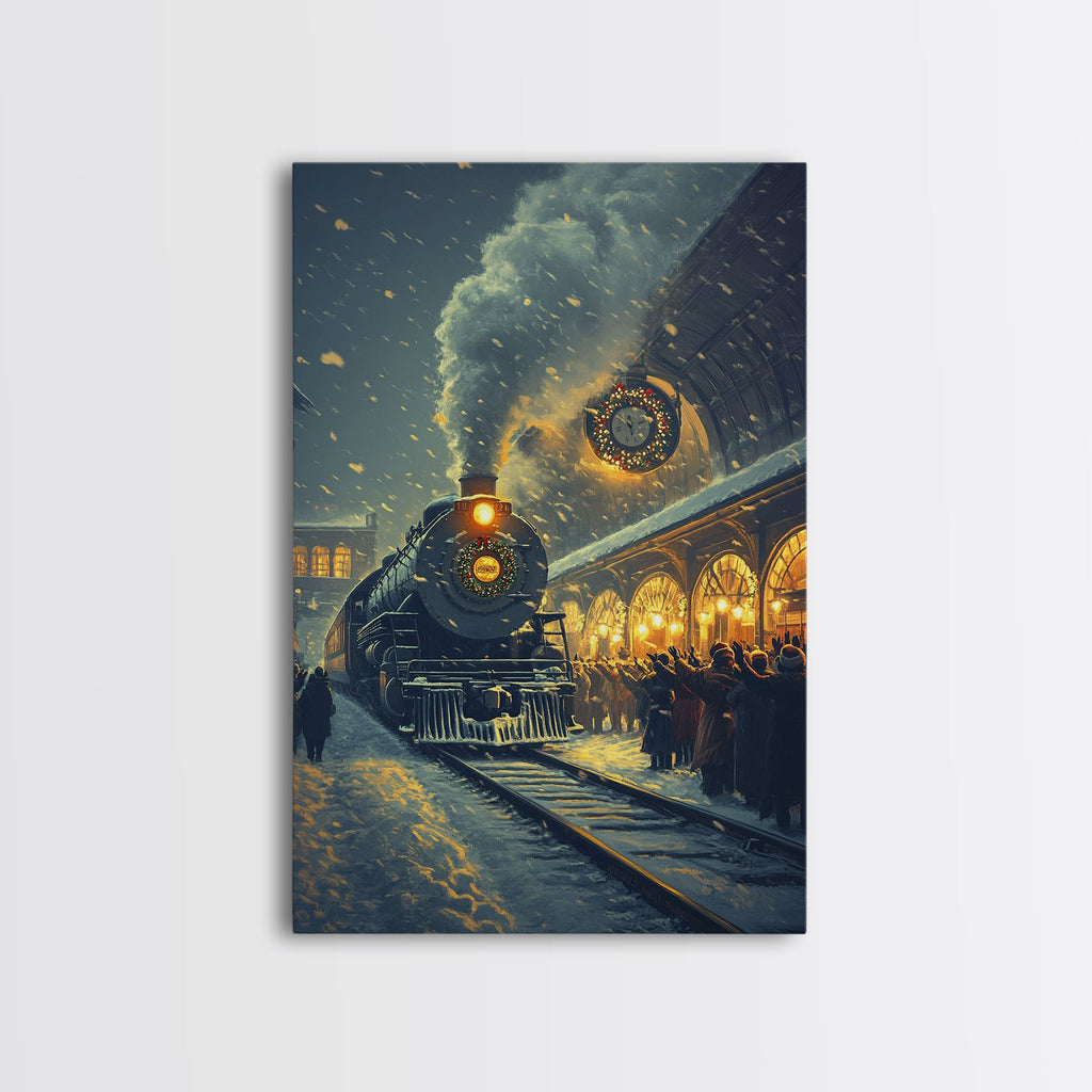 Christmas Train Station Canvas Print | Snowy Winter Night