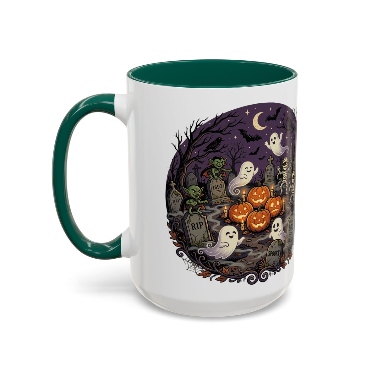 Halloween Graveyard Mug — Ghosts, Mummies, Goblins & Jack-O-Lanterns Spooky Night Scene
