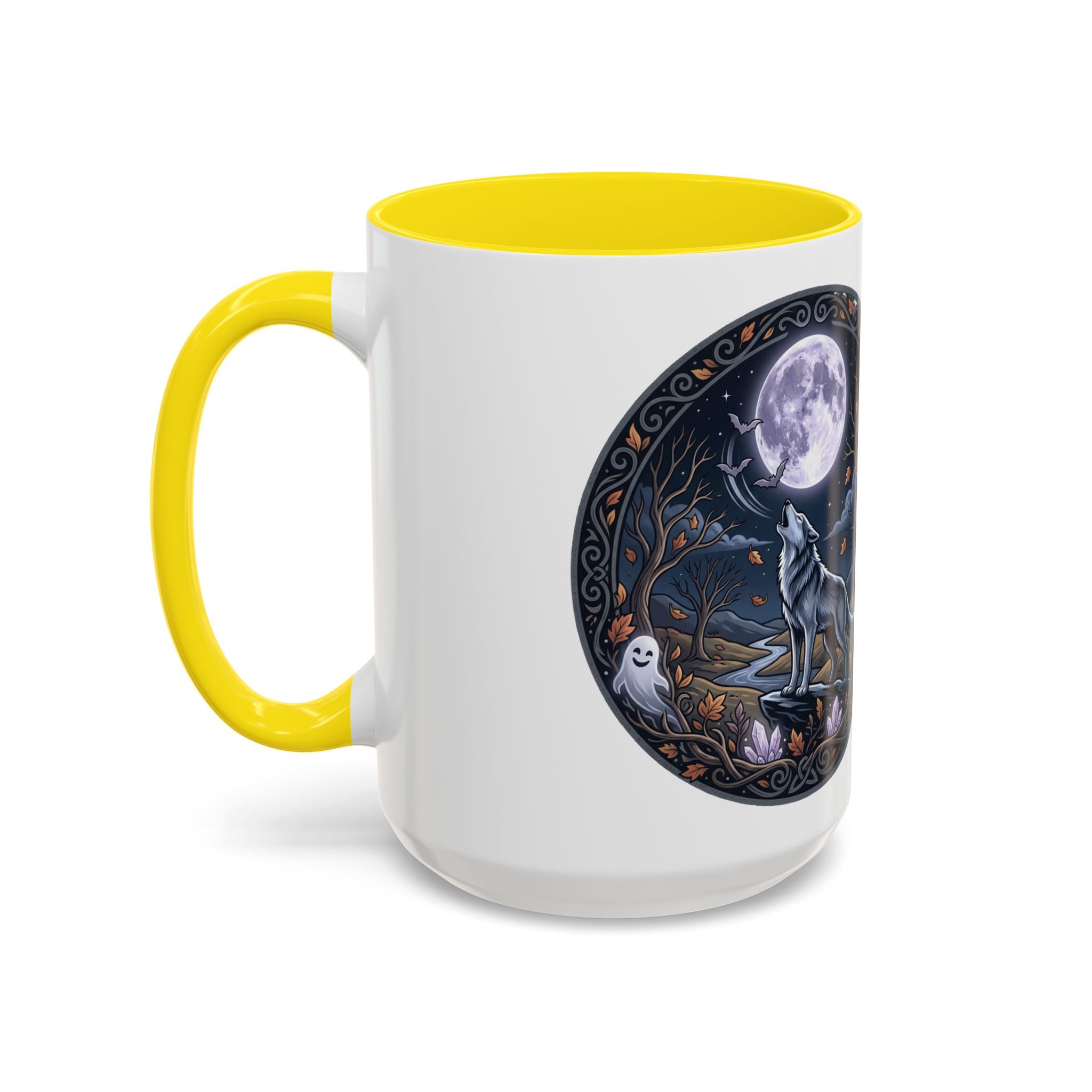 Wolf Moon Accent Coffee Mug — Gothic Night Forest Design with Ghost