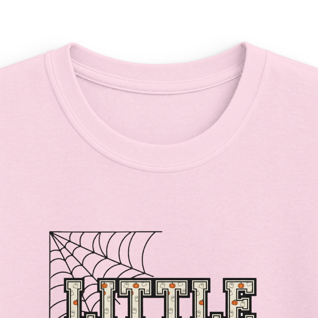 Little Sis Kids Halloween T-Shirt — Candy Corn Colors, Orange Bow & Spiderwebs Tee