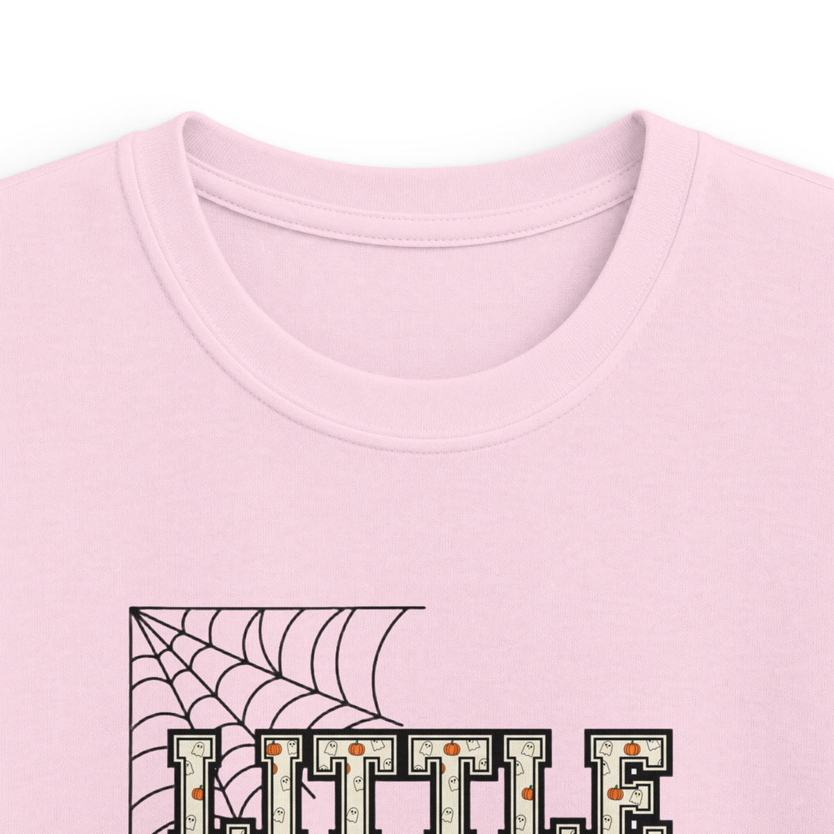 Little Sis Kids Halloween T-Shirt — Candy Corn Colors, Orange Bow & Spiderwebs Tee
