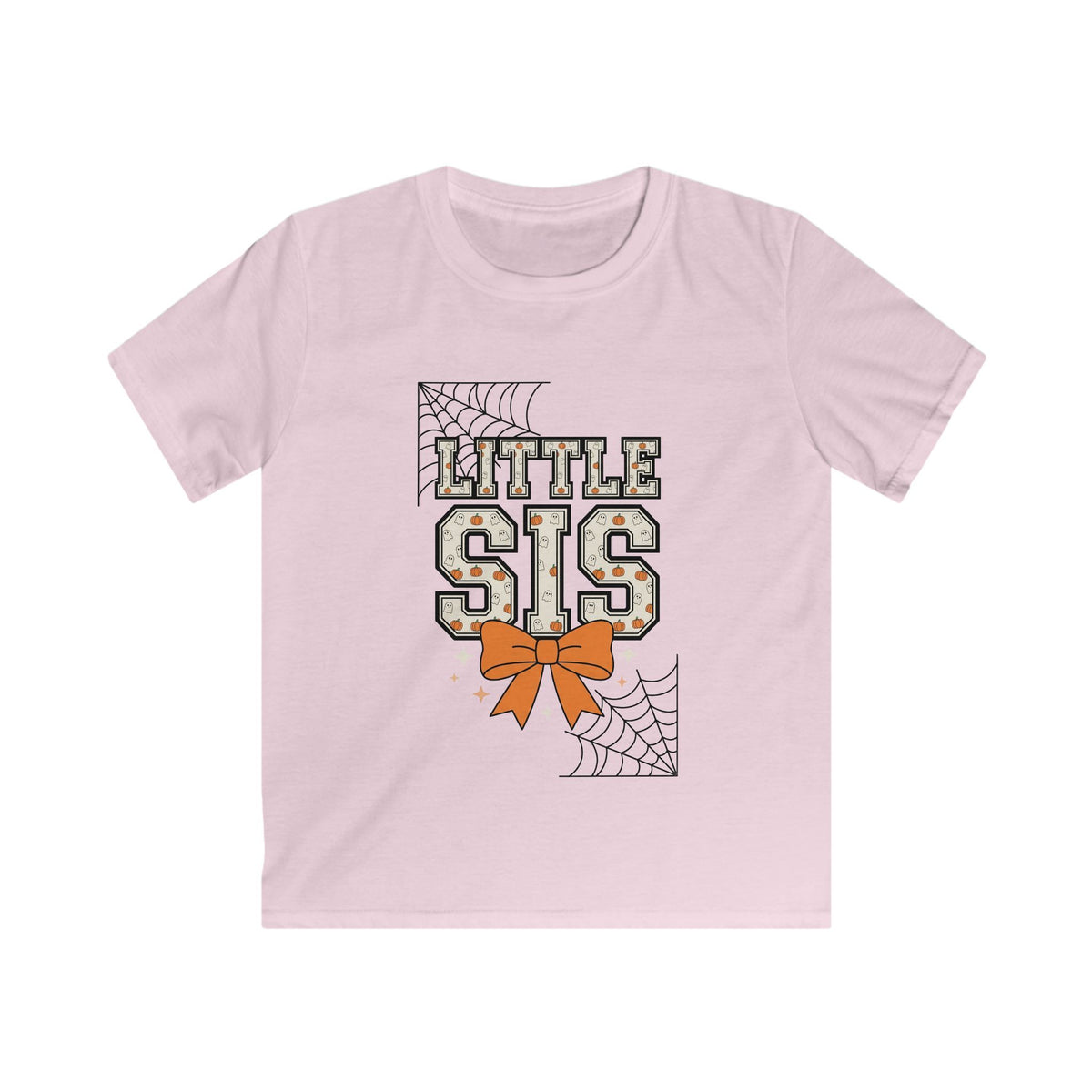 Little Sis Kids Halloween T-Shirt — Candy Corn Colors, Orange Bow & Spiderwebs Tee