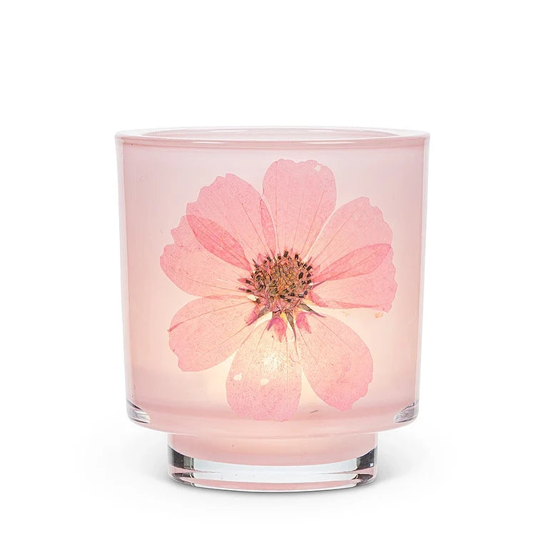Frosted Glass Votive Candle Holder With Pressed Flowers Set of 4