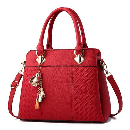 Embroidered Tassel PU Tote Bag