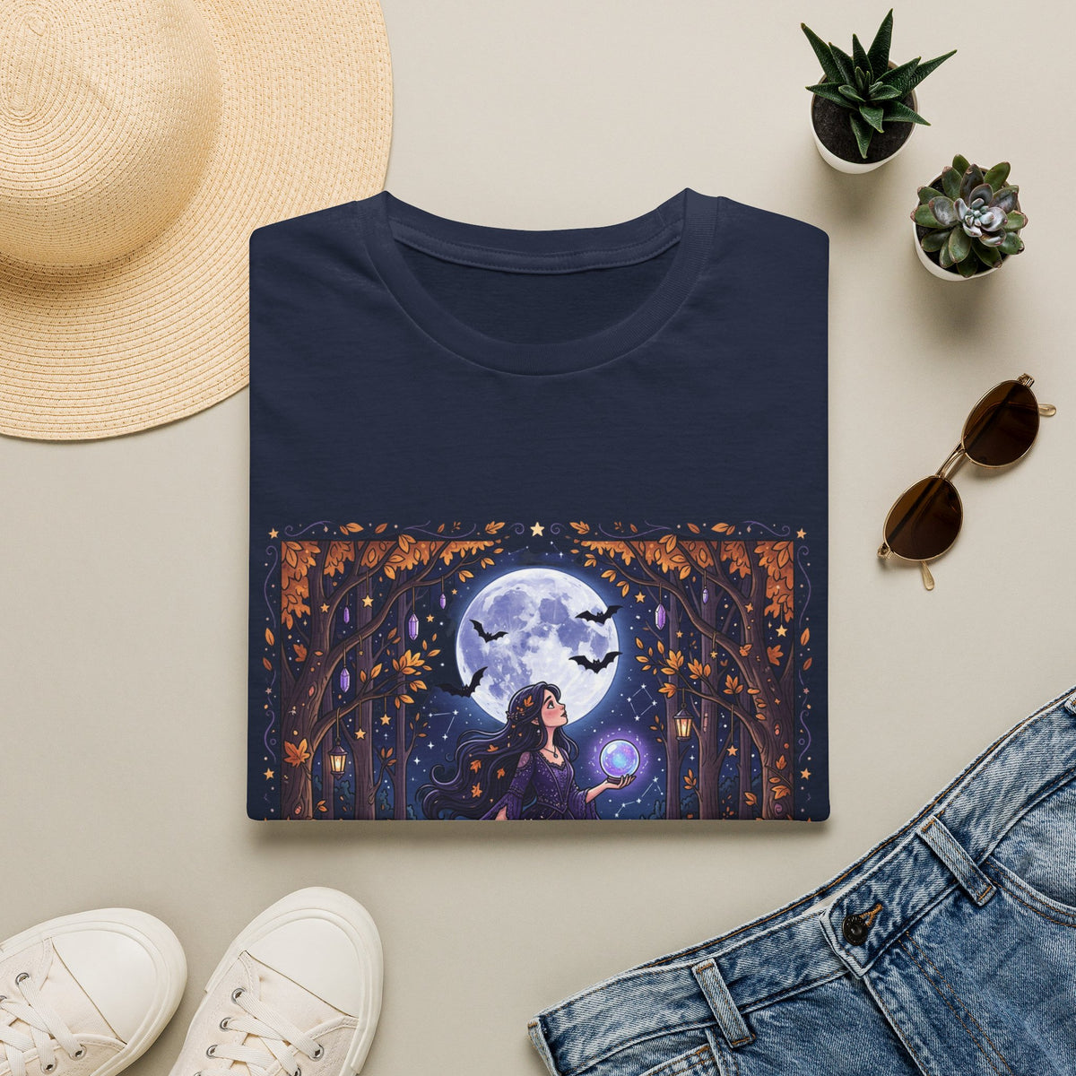 Moonlit Witch T-Shirt — Beautiful Witch Crystal Ball Full Moon Mystical Forest Graphic Tee