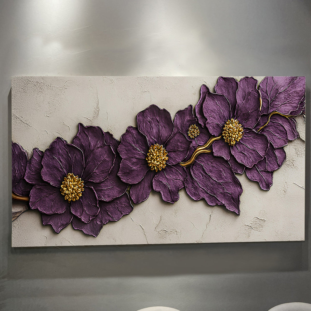 Purple Flower Plaster Wall Art | Textured Floral Canvas Print