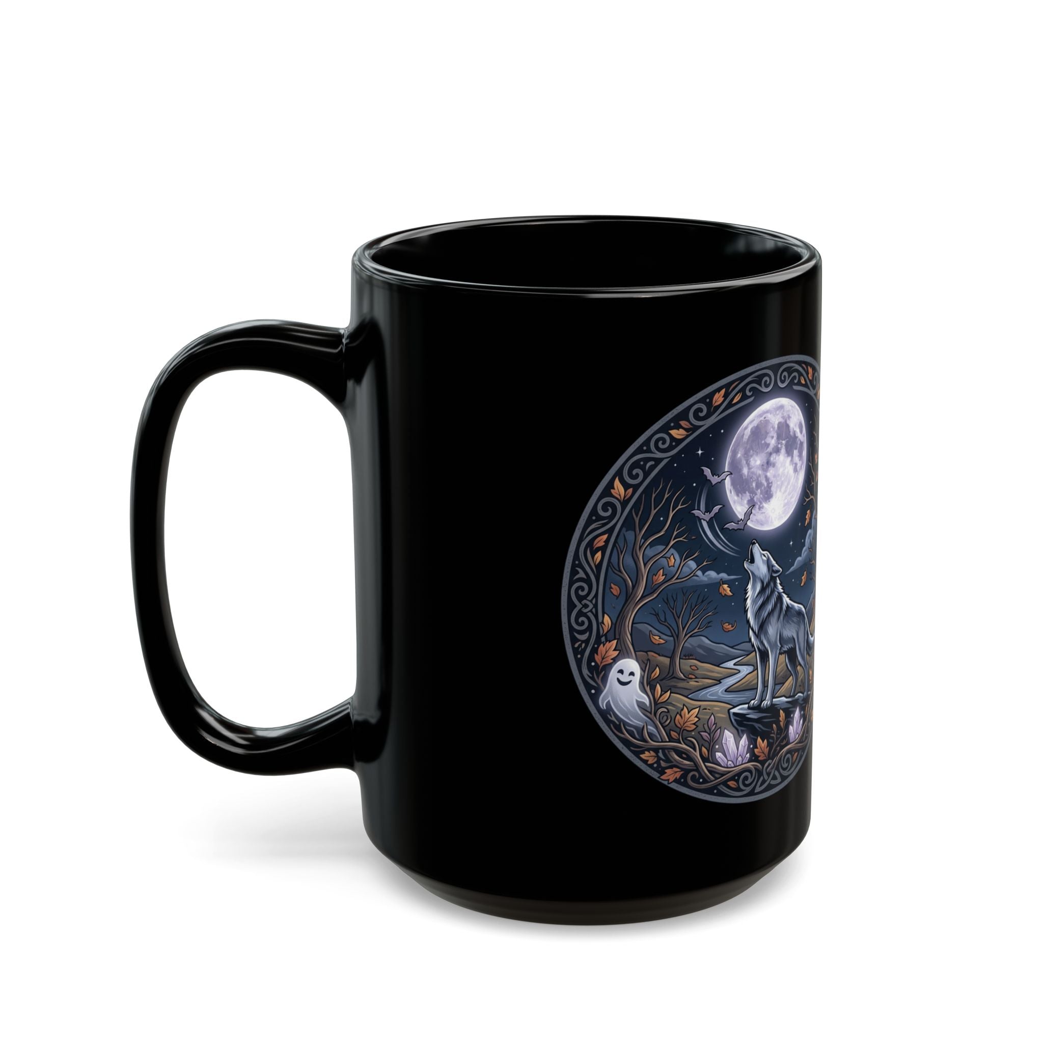 Wolf Howl Moon Black Ceramic Mug — Mystical Night Owl & Forest Design (11oz/15oz)